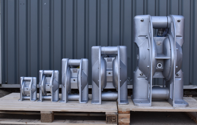 ATEX metal diaphragm pump sizes in a row on a palette