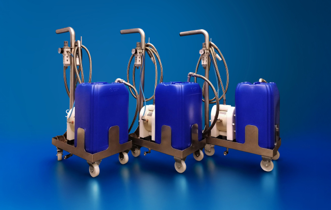 three tapflo transportable mobile decanting solutions on a blue background