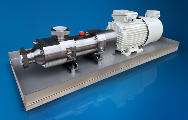 a sanitary twin screw pump on a blue background