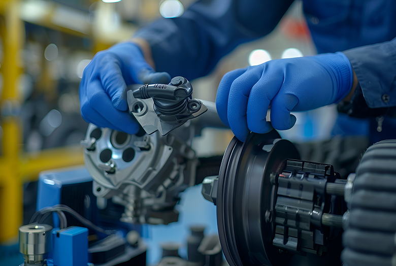 Close up of a technician connecting components of a pump