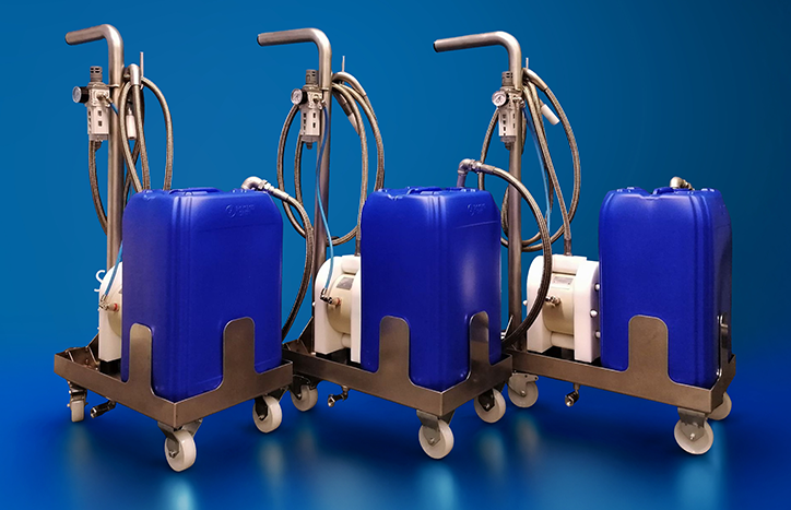 three mobile pump solutions in a row on a blue background
