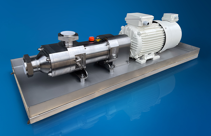 A pomac twin screw pump on a blue background