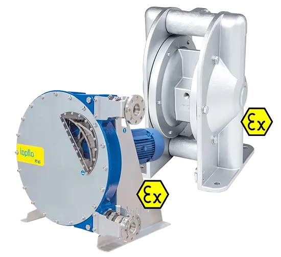 two ATEX-certified pumps, one of which is a peristaltic pump and one that is an ATEX metal diaphragm pump
