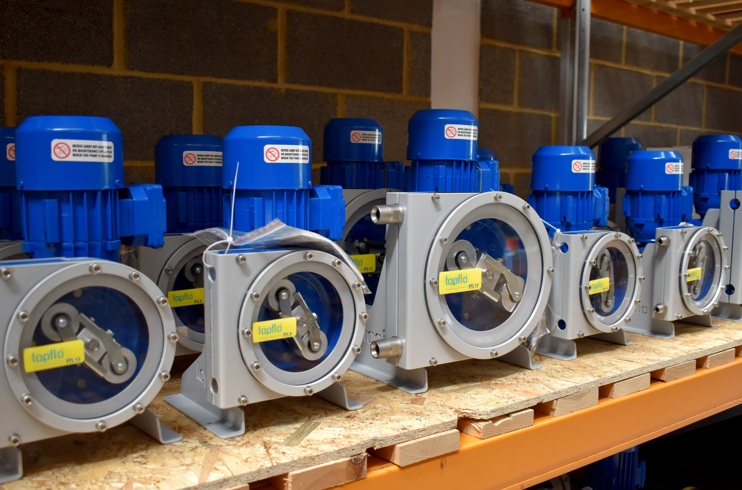 peristaltic pumps on warehouse racking