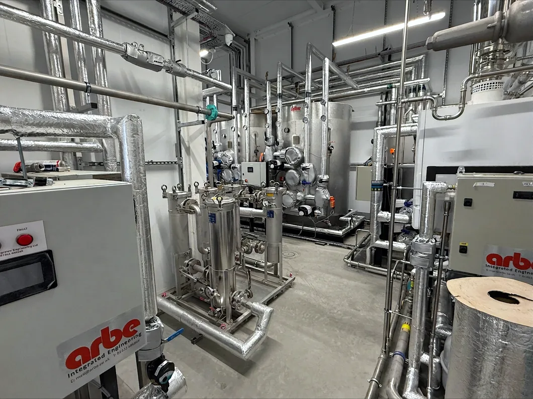 a view of a filtration skid system in an industrial bakery facility